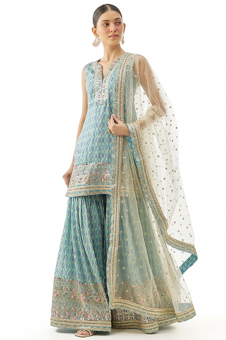 Blue Cotton Silk Embroidered Wedding Sharara Set by GOPI VAID at Pernia's Pop Up Shop