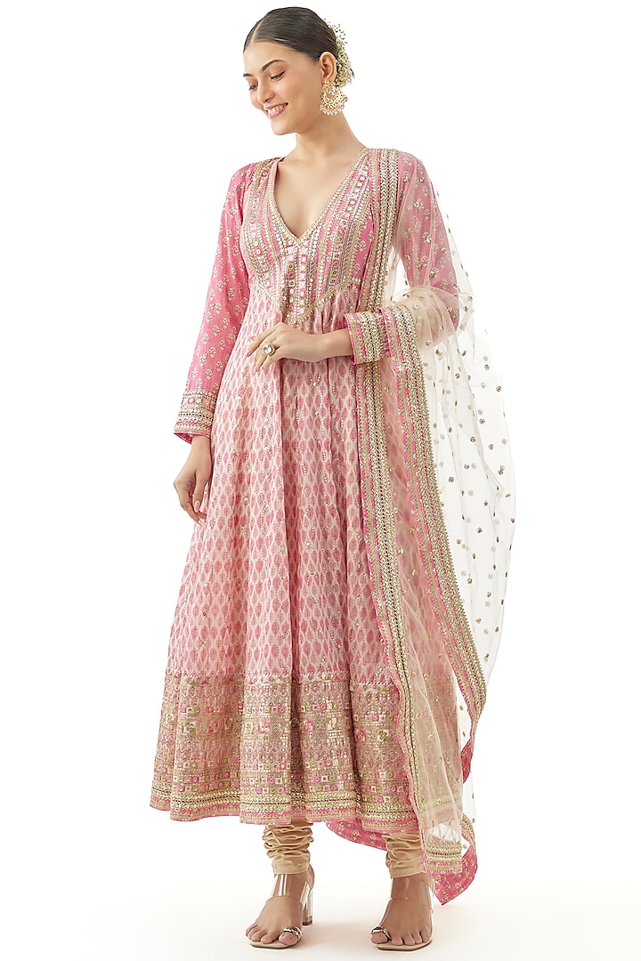 Pink Cotton Silk Gota-Patti Embroidered Wedding Anarkali Set by GOPI VAID at Pernia's Pop Up Shop