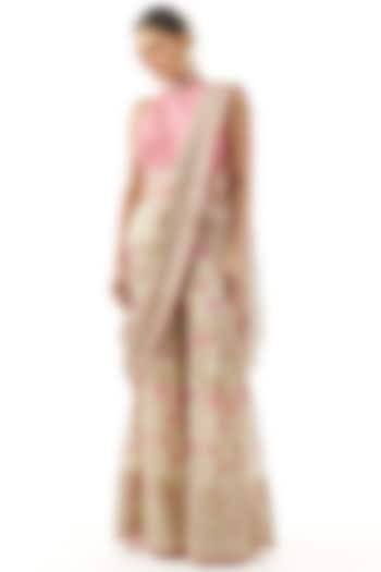 Ivory Georgette Mirror Embroidered Pre-Pleated Sharara Wedding Saree Set by GOPI VAID at Pernia's Pop Up Shop