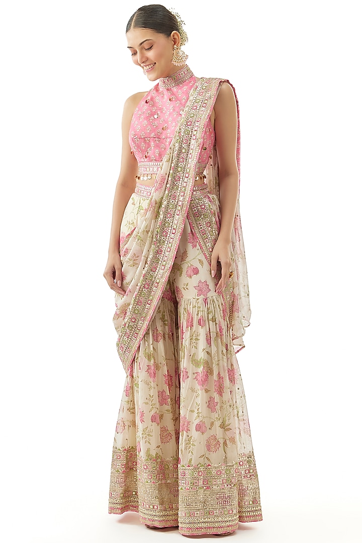 Ivory Georgette Mirror Embroidered Pre-Pleated Sharara Wedding Saree Set by GOPI VAID at Pernia's Pop Up Shop