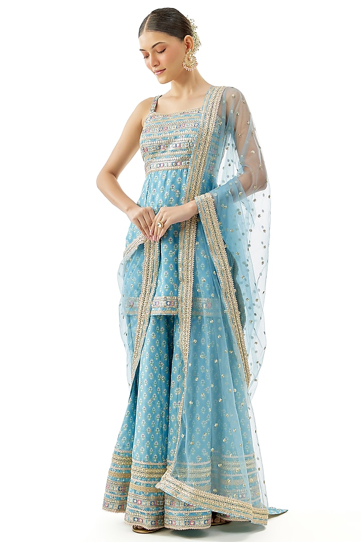 Blue Cotton Silk Embroidered Wedding Sharara Set by GOPI VAID at Pernia's Pop Up Shop