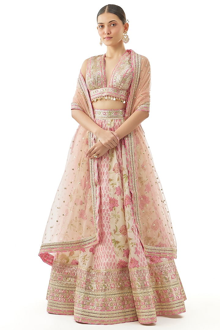 Ivory Cotton Silk Floral Printed & Embroidered Wedding Lehenga Set by GOPI VAID at Pernia's Pop Up Shop