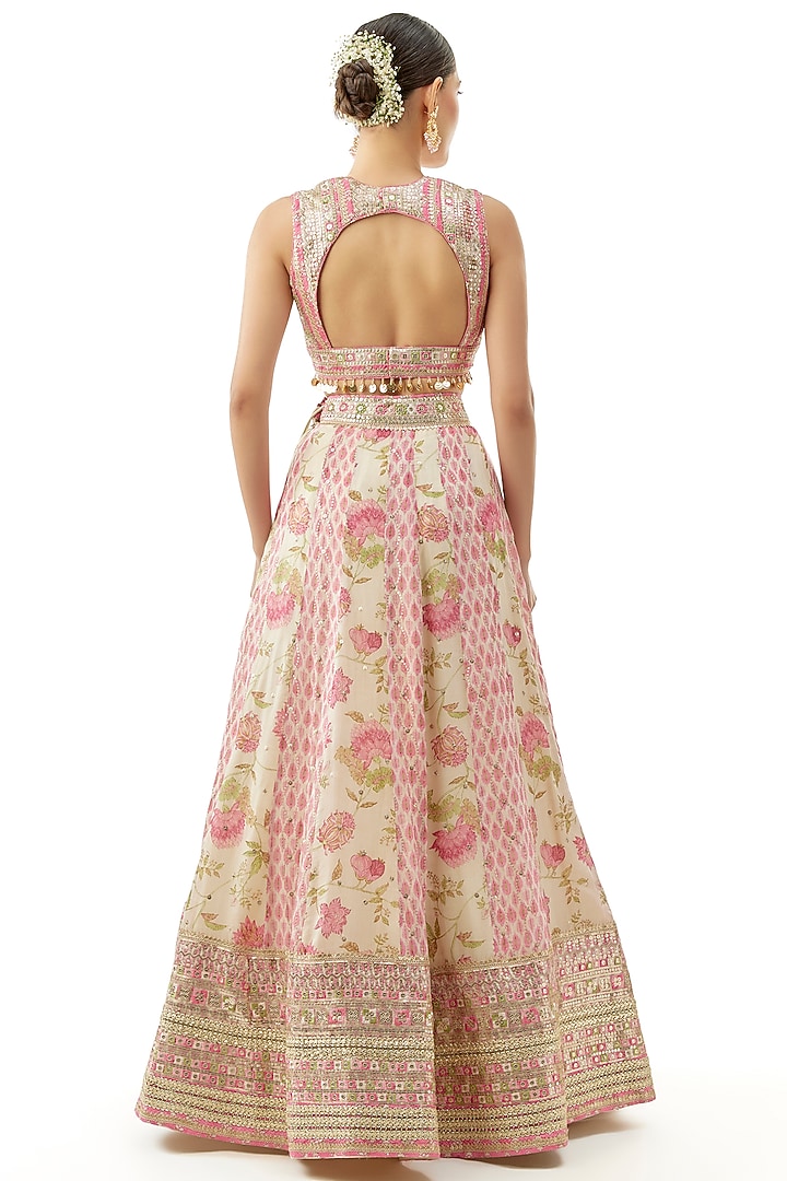 Ivory Cotton Silk Floral Printed & Embroidered Wedding Lehenga Set by GOPI VAID at Pernia's Pop Up Shop