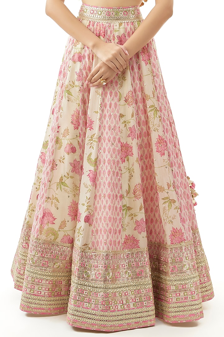 Ivory Cotton Silk Floral Printed & Embroidered Wedding Lehenga Set by GOPI VAID at Pernia's Pop Up Shop
