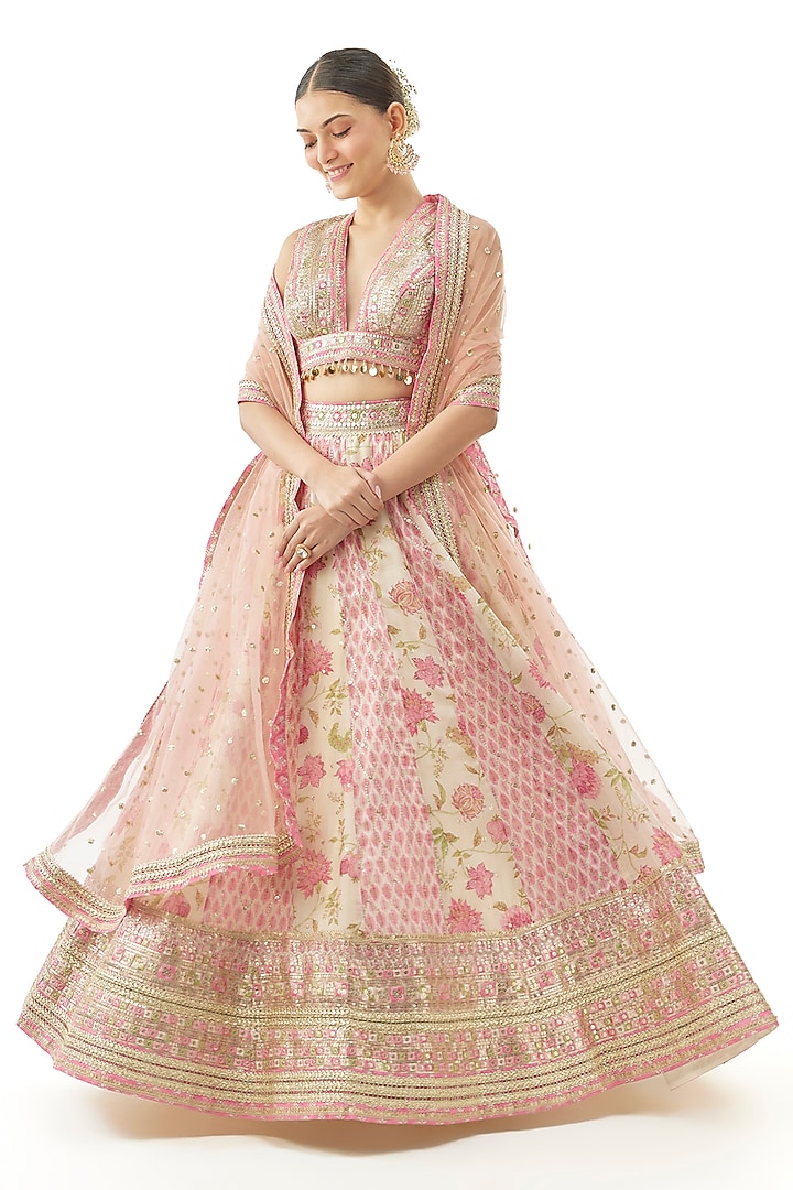 Ivory Cotton Silk Floral Printed & Embroidered Wedding Lehenga Set by GOPI VAID at Pernia's Pop Up Shop