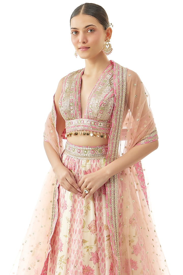 Ivory Cotton Silk Floral Printed & Embroidered Wedding Lehenga Set by GOPI VAID at Pernia's Pop Up Shop