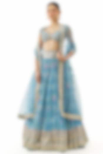 Blue Georgette Floral Motif Embroidered Wedding Lehenga Set by GOPI VAID at Pernia's Pop Up Shop