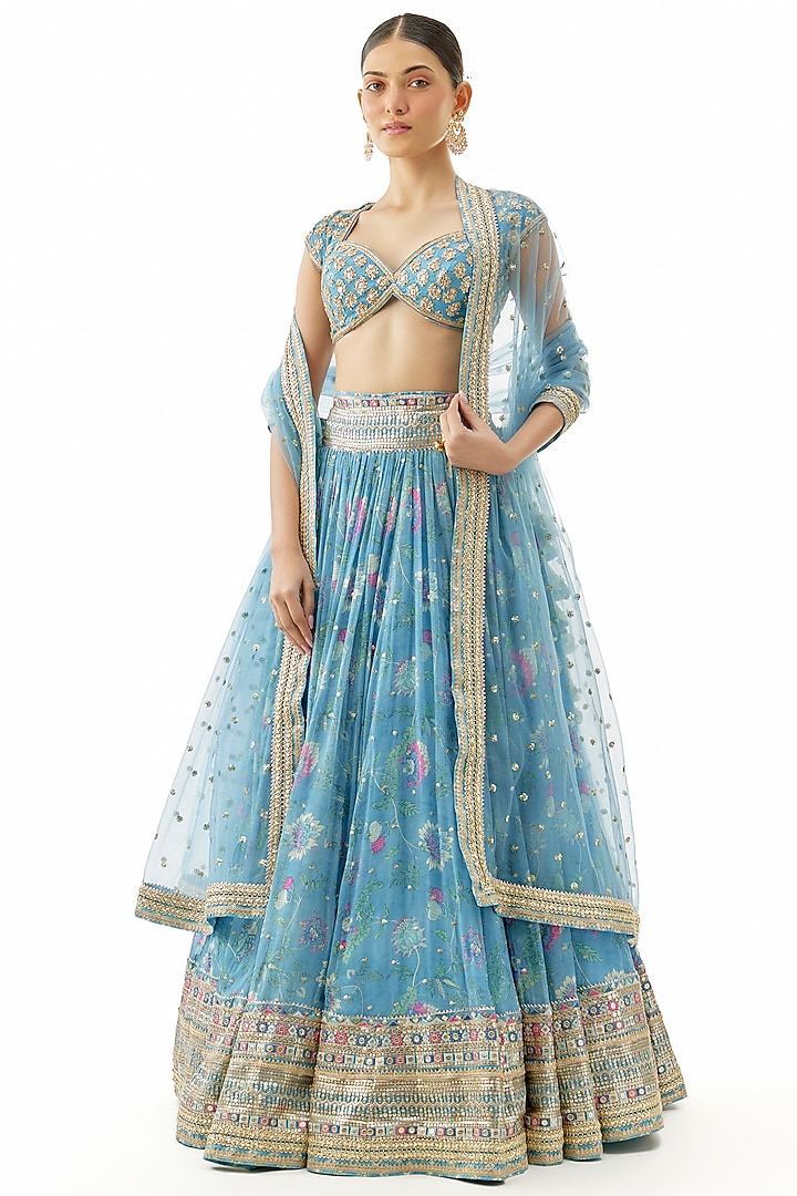 Blue Georgette Floral Motif Embroidered Wedding Lehenga Set by GOPI VAID at Pernia's Pop Up Shop