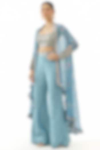 Blue Georgette Embroidered Jacket Set by GOPI VAID at Pernia's Pop Up Shop