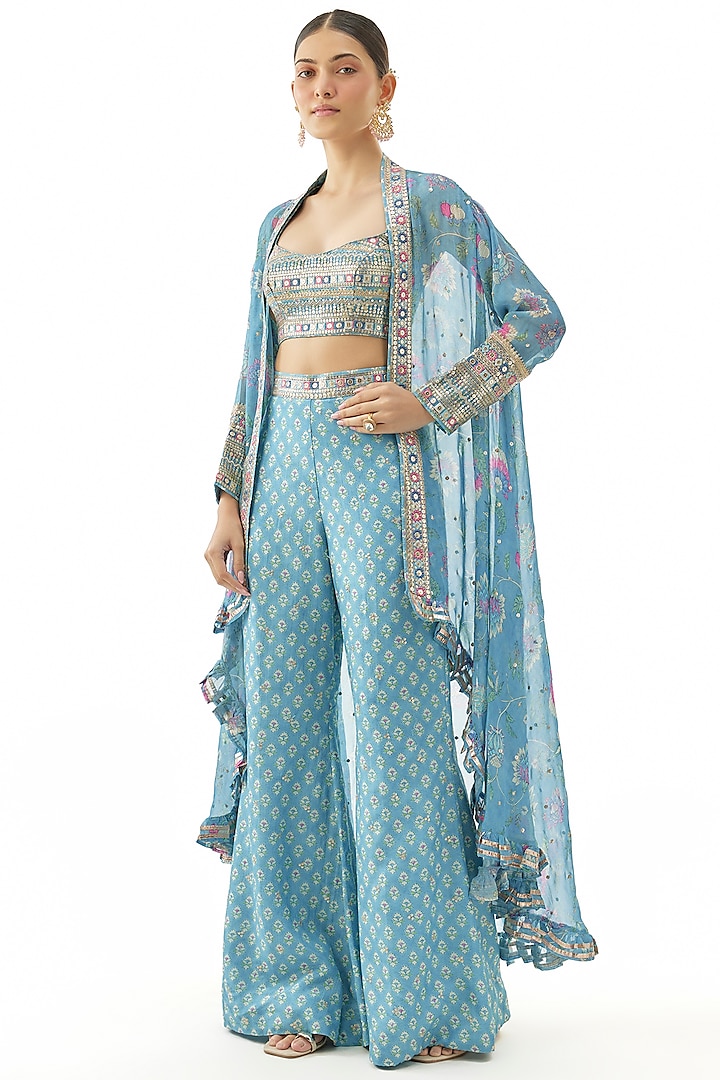 Blue Georgette Embroidered Jacket Set by GOPI VAID at Pernia's Pop Up Shop