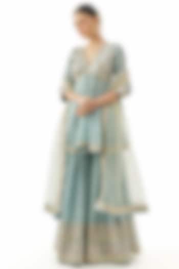 Blue Cotton Silk Mirror Embroidered Wedding Sharara Set by GOPI VAID at Pernia's Pop Up Shop