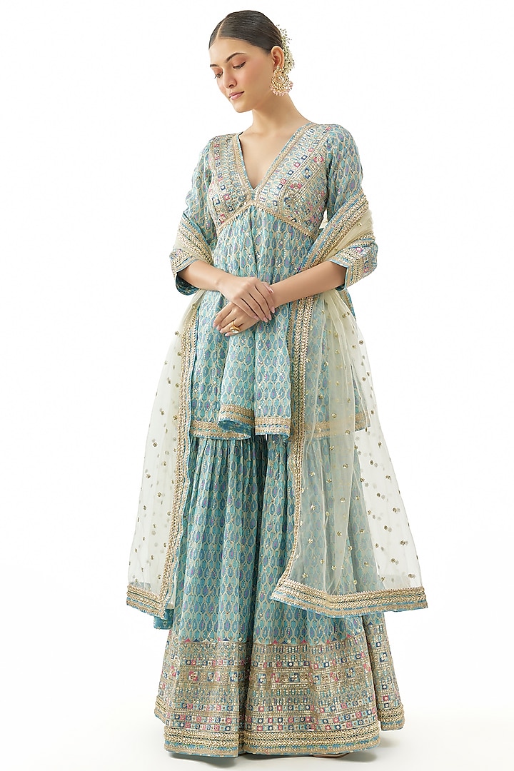 Blue Cotton Silk Mirror Embroidered Wedding Sharara Set by GOPI VAID at Pernia's Pop Up Shop