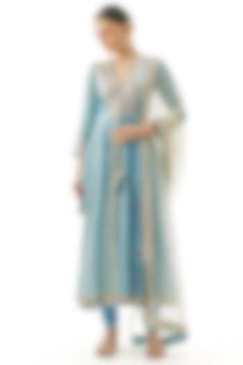 Blue Cotton Silk Thread Hand Embroidered Wedding Anarkali Set by GOPI VAID at Pernia's Pop Up Shop