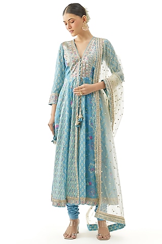 Blue Cotton Silk Thread Hand Embroidered Anarkali Set by GOPI VAID
