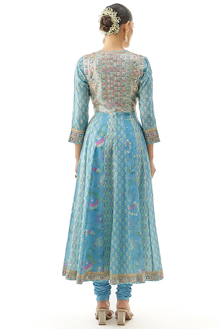 Blue Cotton Silk Thread Hand Embroidered Wedding Anarkali Set by GOPI VAID at Pernia's Pop Up Shop