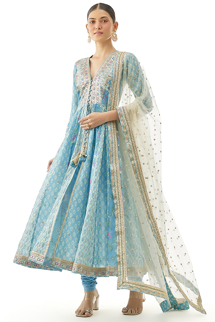Blue Cotton Silk Thread Hand Embroidered Wedding Anarkali Set by GOPI VAID at Pernia's Pop Up Shop