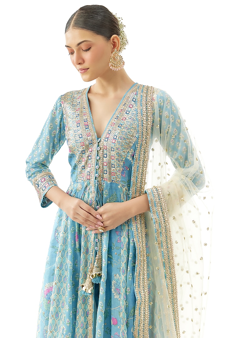 Blue Cotton Silk Thread Hand Embroidered Wedding Anarkali Set by GOPI VAID at Pernia's Pop Up Shop