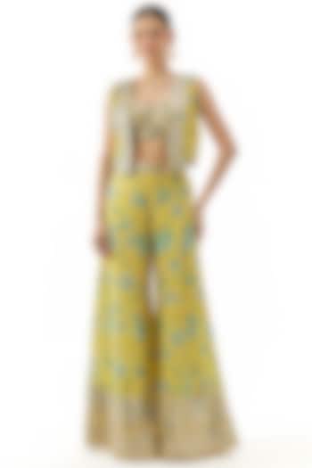 Yellow Cotton Silk Floral Printed Jacket Set by GOPI VAID at Pernia's Pop Up Shop