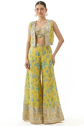 Yellow Cotton Silk Floral Printed Jacket Set by GOPI VAID