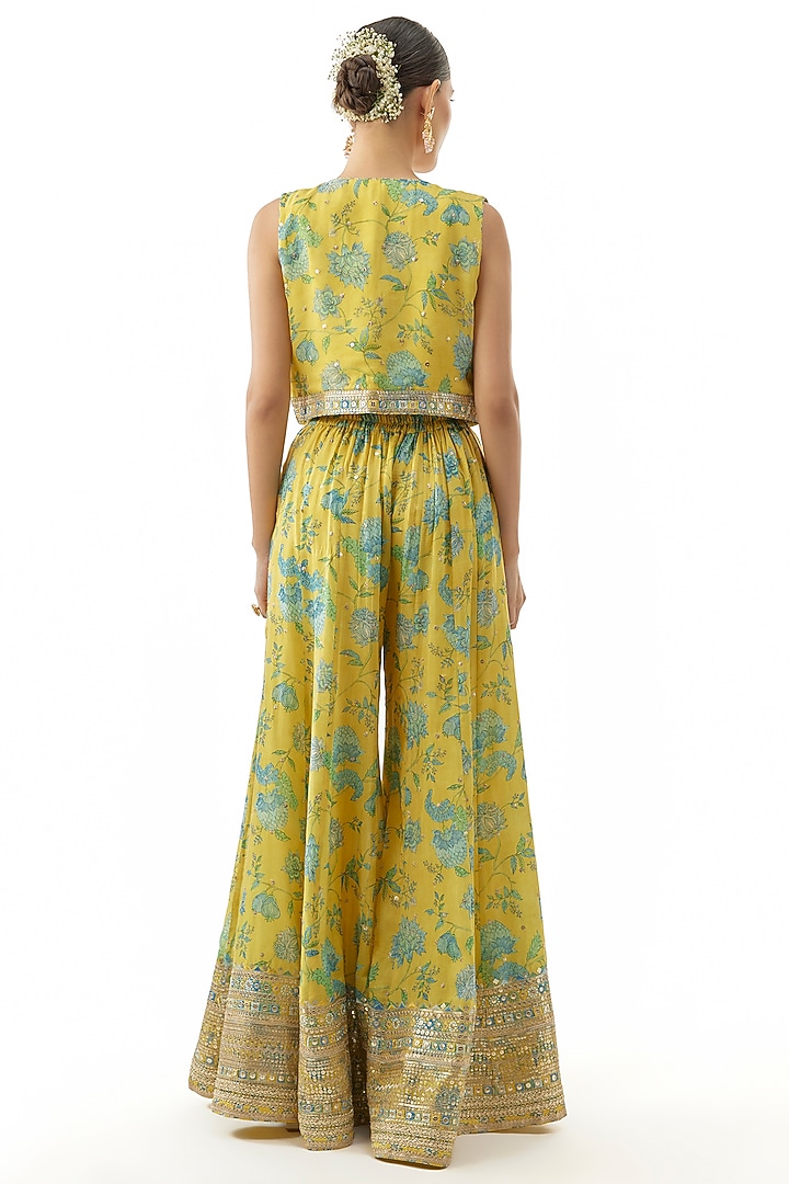 Yellow Cotton Silk Floral Printed Jacket Set by GOPI VAID at Pernia's Pop Up Shop