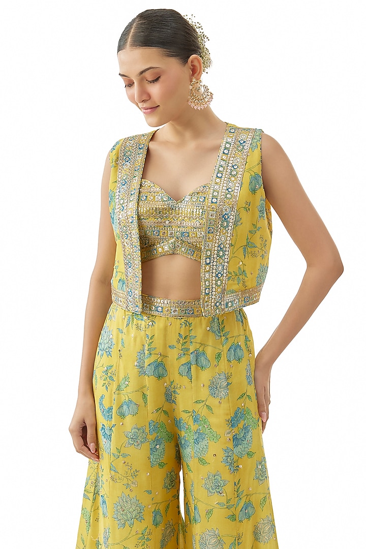 Yellow Cotton Silk Floral Printed Jacket Set by GOPI VAID at Pernia's Pop Up Shop