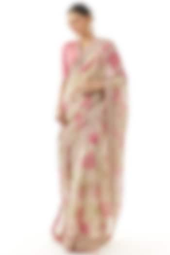 Ivory Organza Floral Printed Wedding Saree Set by GOPI VAID at Pernia's Pop Up Shop