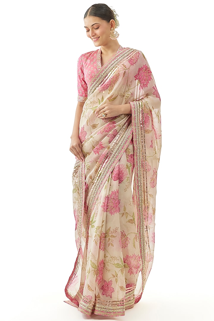 Ivory Organza Floral Printed Wedding Saree Set by GOPI VAID at Pernia's Pop Up Shop