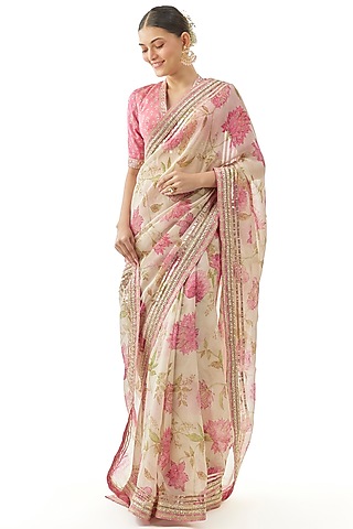 Ivory Organza Floral Printed Saree Set by GOPI VAID