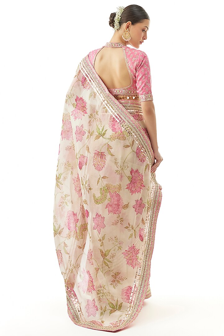 Ivory Organza Floral Printed Wedding Saree Set by GOPI VAID at Pernia's Pop Up Shop