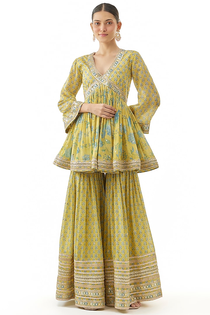 Yellow Georgette Floral Printed Wedding Sharara Set by GOPI VAID at Pernia's Pop Up Shop