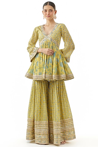 Yellow Georgette Floral Printed Sharara Set by GOPI VAID