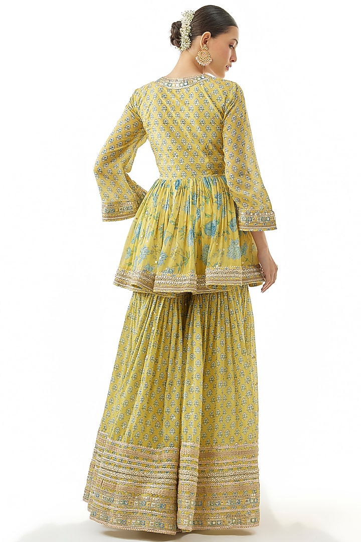 Yellow Georgette Floral Printed Wedding Sharara Set by GOPI VAID at Pernia's Pop Up Shop