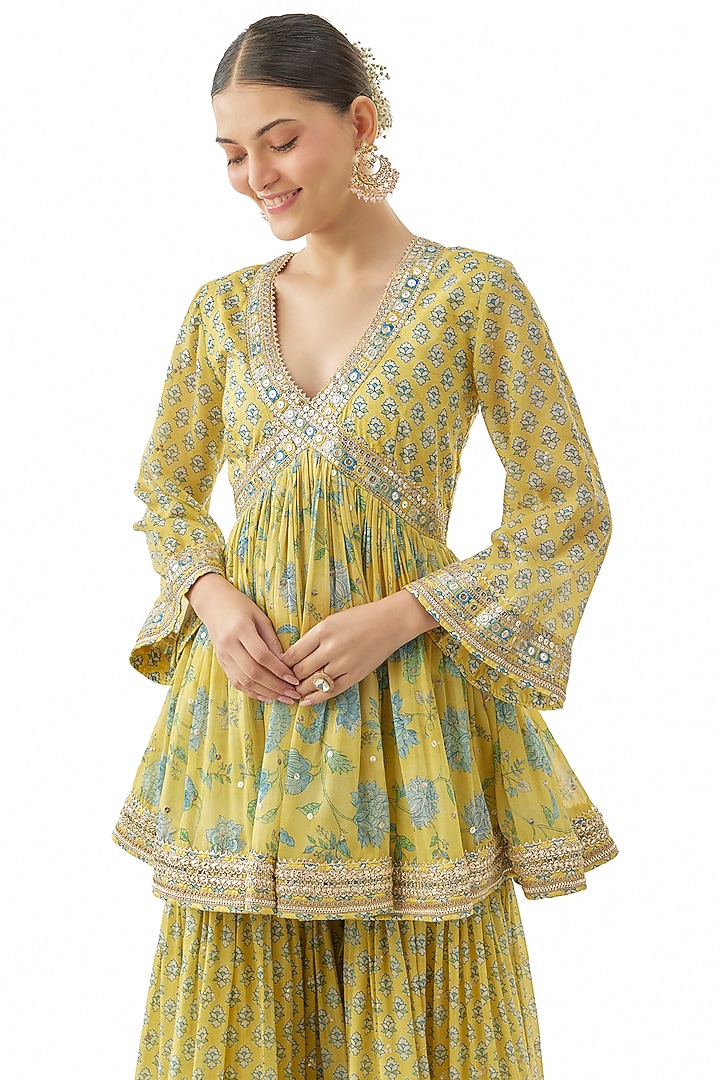 Yellow Georgette Floral Printed Wedding Sharara Set by GOPI VAID at Pernia's Pop Up Shop