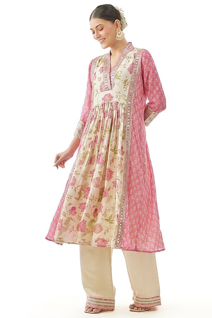 Pink Cotton Silk Floral Printed Party Wear Anarkali Set by GOPI VAID at Pernia's Pop Up Shop