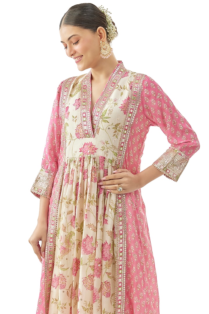 Pink Cotton Silk Floral Printed Party Wear Anarkali Set by GOPI VAID at Pernia's Pop Up Shop