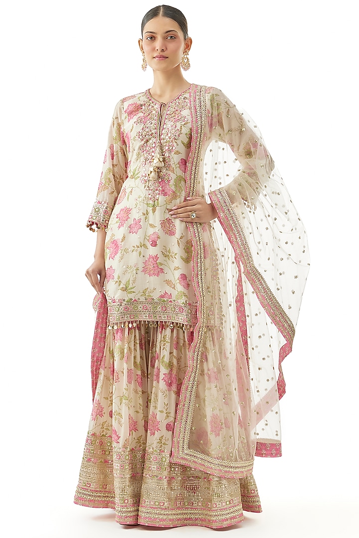 Ivory Cotton Silk Floral Printed Wedding Sharara Set by GOPI VAID at Pernia's Pop Up Shop