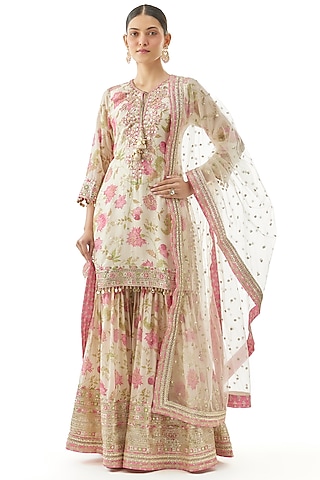 Ivory Cotton Silk Floral Printed Sharara Set by GOPI VAID