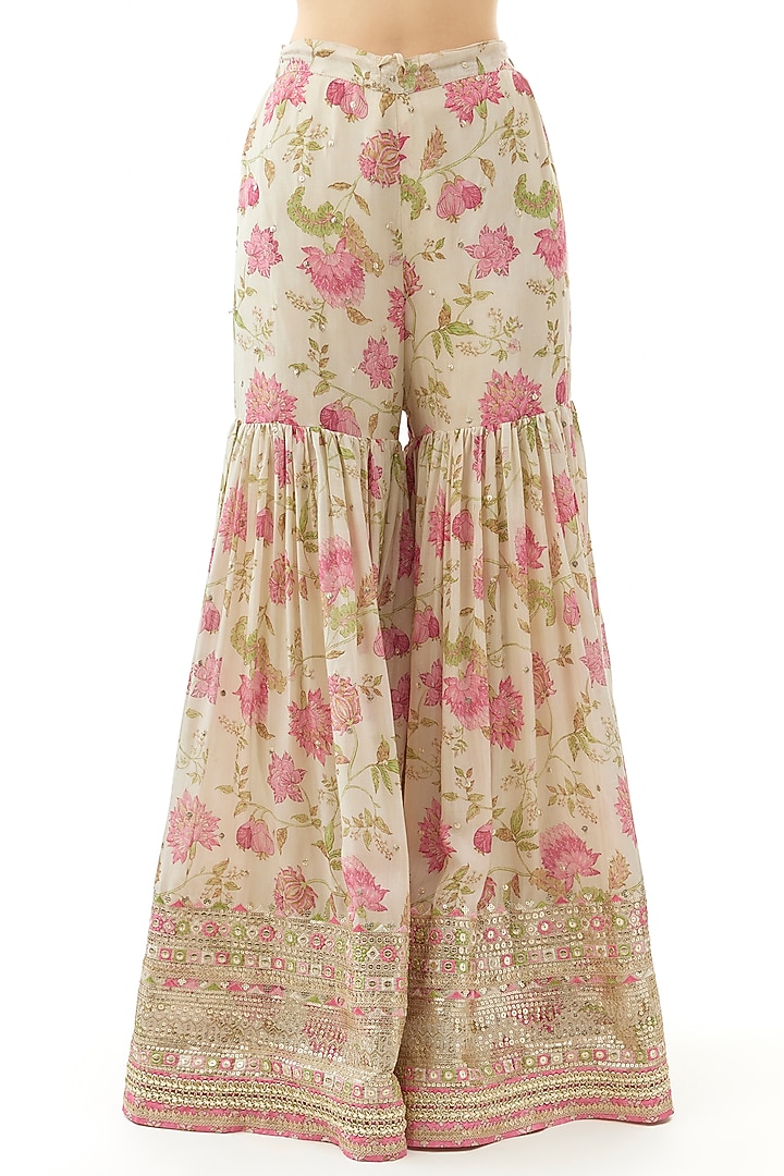Ivory Cotton Silk Floral Printed Wedding Sharara Set by GOPI VAID at Pernia's Pop Up Shop