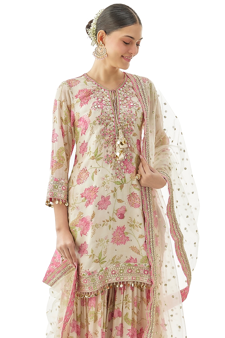 Ivory Cotton Silk Floral Printed Wedding Sharara Set by GOPI VAID at Pernia's Pop Up Shop