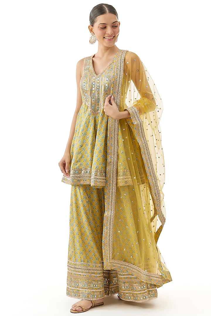 Yellow Cotton Silk Floral Printed Wedding Sharara Set by GOPI VAID at Pernia's Pop Up Shop