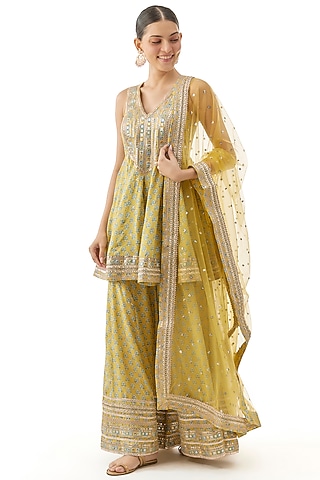 Yellow Cotton Silk Floral Printed Sharara Set by GOPI VAID