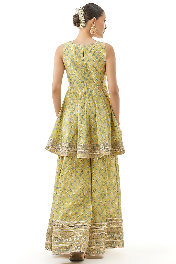 Yellow Cotton Silk Floral Printed Wedding Sharara Set by GOPI VAID at Pernia's Pop Up Shop