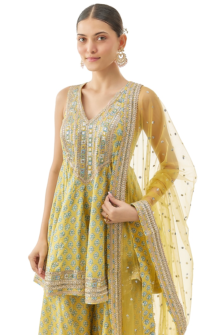 Yellow Cotton Silk Floral Printed Wedding Sharara Set by GOPI VAID at Pernia's Pop Up Shop