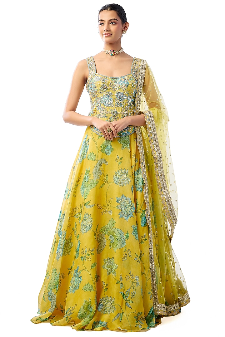 Yellow Organza Sequins Embroidered Wedding Lehenga Set by GOPI VAID at Pernia's Pop Up Shop