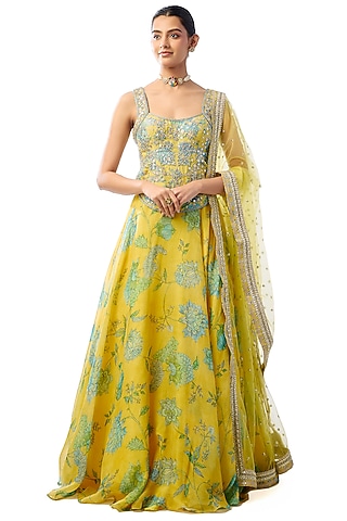 Yellow Organza Sequins Embroidered Lehenga Set by GOPI VAID