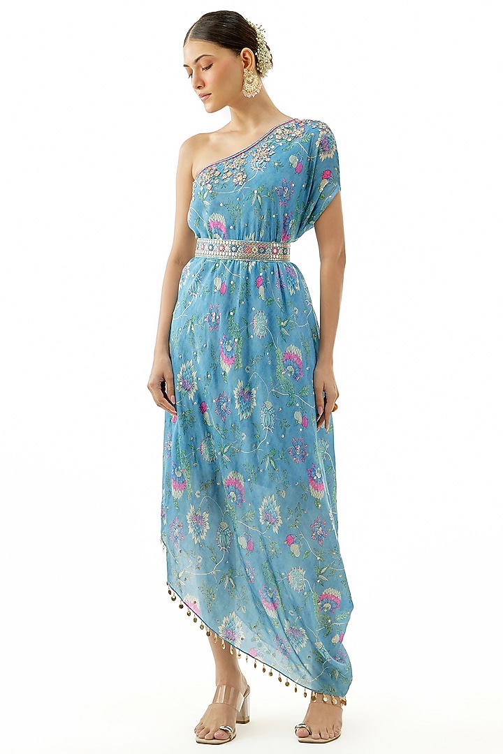 Blue Cotton Silk Floral Printed Asymmetric One-Shoulder Vacation Dress by GOPI VAID at Pernia's Pop Up Shop