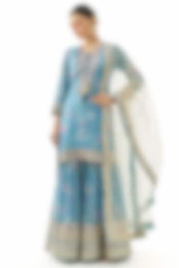 Blue Cotton Silk Floral Printed Wedding Sharara Set by GOPI VAID at Pernia's Pop Up Shop