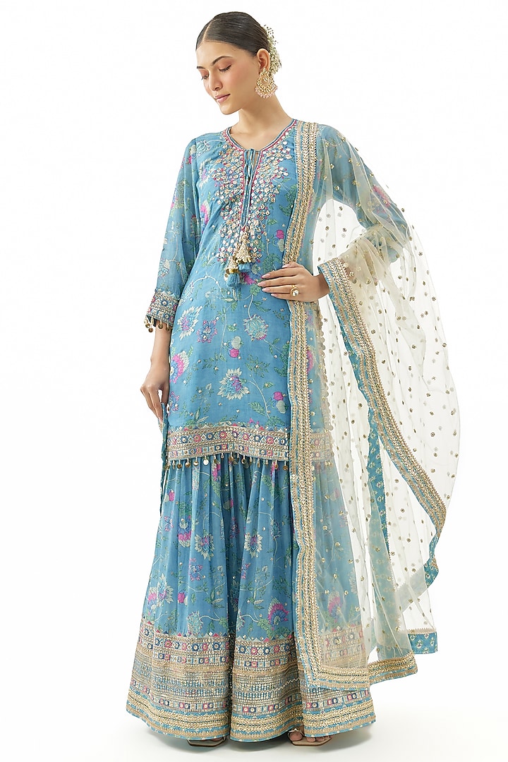 Blue Cotton Silk Floral Printed Wedding Sharara Set by GOPI VAID at Pernia's Pop Up Shop