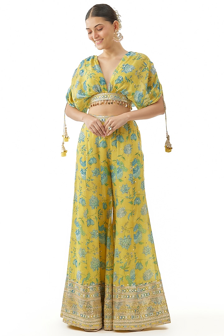 Yellow Cotton Silk Floral Printed Wedding Sharara Set by GOPI VAID at Pernia's Pop Up Shop