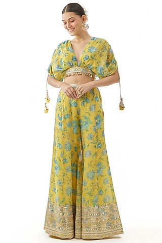 Yellow Cotton Silk Floral Printed Sharara Set by GOPI VAID